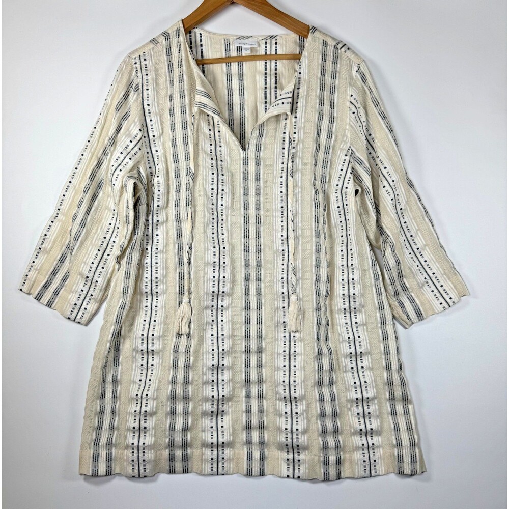 Pure Jill Elements Textured Stripe Tunic Top Womens XL‎ Cream Blue Tassel Boho
